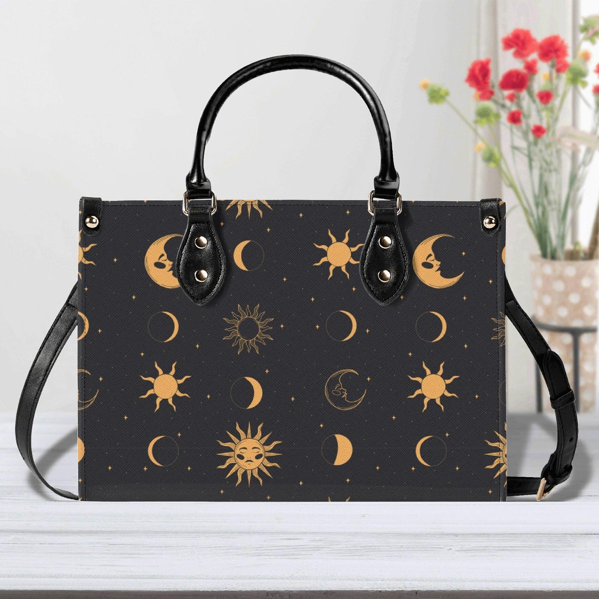 Celestial Sun and Moon Handbag with Top Handles and Crossbody Strap