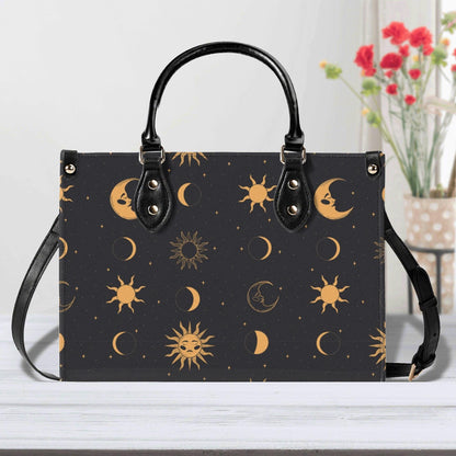 Celestial Sun and Moon Handbag with Top Handles and Crossbody Strap