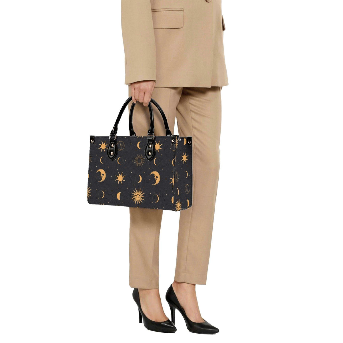 Celestial Sun and Moon Handbag with Top Handles and Crossbody Strap