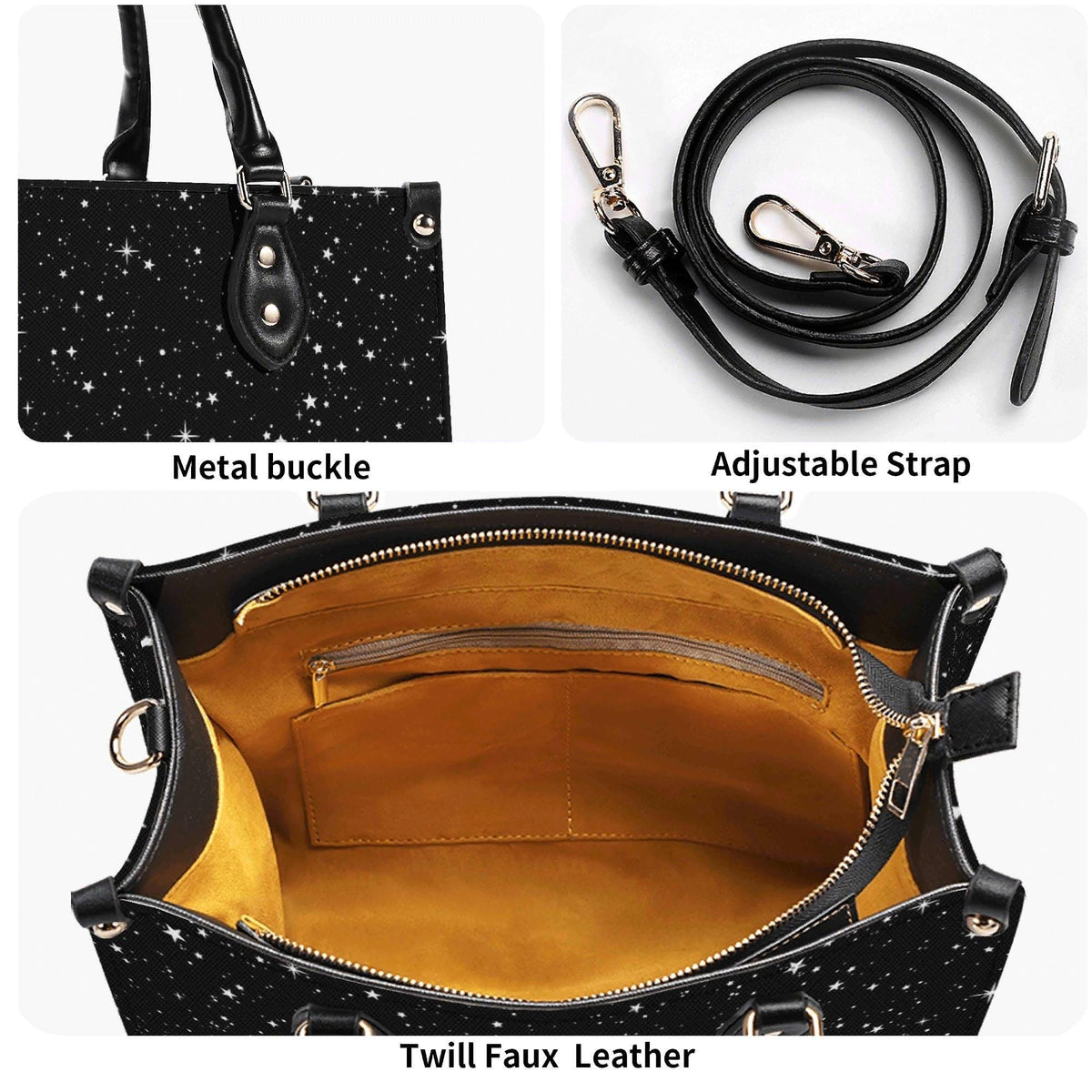 Starry Night Handbag, Black Celestial Crossbody Bag With Silver Stars