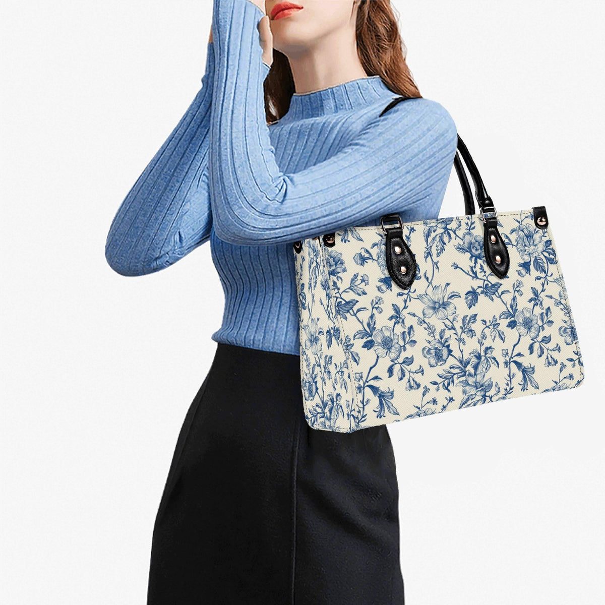 Chinoiserie Floral Vine Top Handle Crossbody Bag, Cobalt Blue Botanical Purse