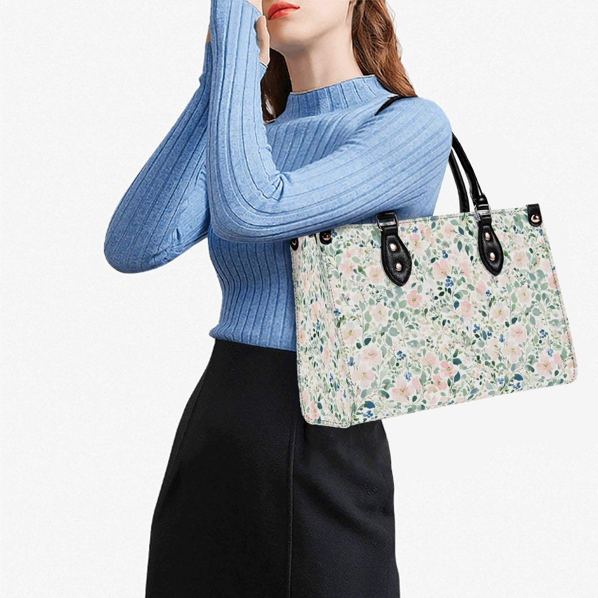 Romantic Floral Top Handle Handbag with Blush Blossoms and Crossbody Strap