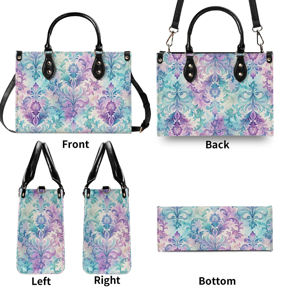 Ornate Damask Bag, Pastel Lavender Turquoise Top Handle Crossbody Purse