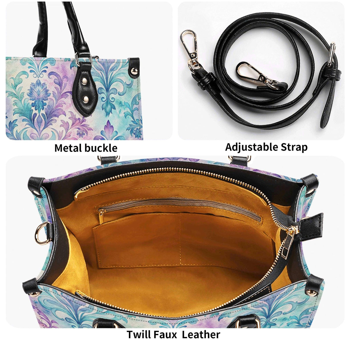 Ornate Damask Bag, Pastel Lavender Turquoise Top Handle Crossbody Purse