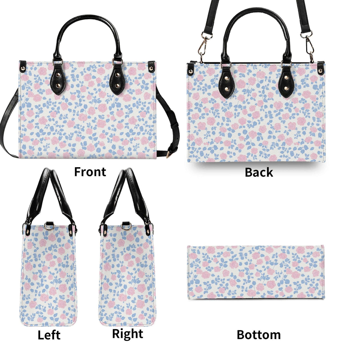 Romantic Ditsy Floral Handbag with Pink and Blue Blossoms and Crossbody Strap