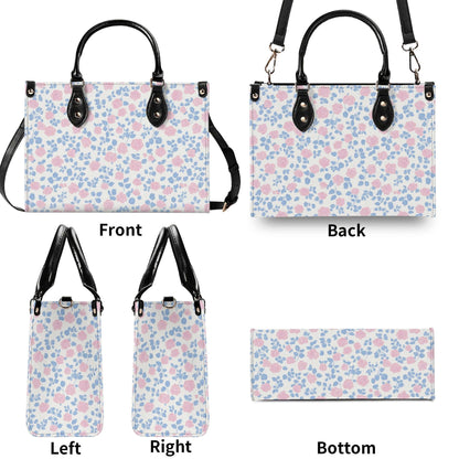 Romantic Ditsy Floral Handbag with Pink and Blue Blossoms and Crossbody Strap
