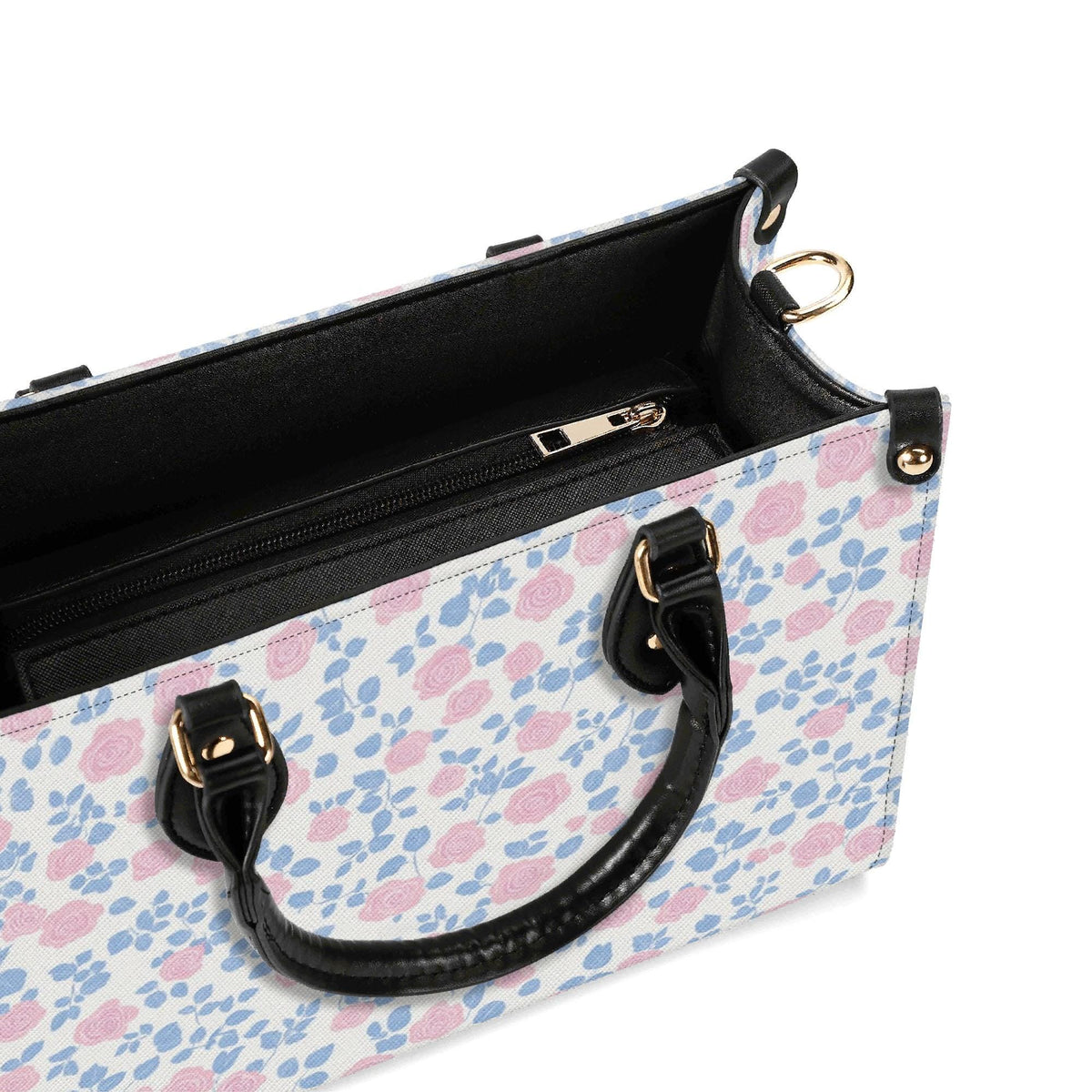 Romantic Ditsy Floral Handbag with Pink and Blue Blossoms and Crossbody Strap