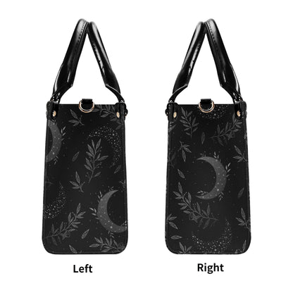 Crescent Moon Botanical Handbag, Black Leaf Print Crossbody Purse