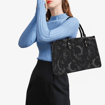 Crescent Moon Botanical Handbag, Black Leaf Print Crossbody Purse