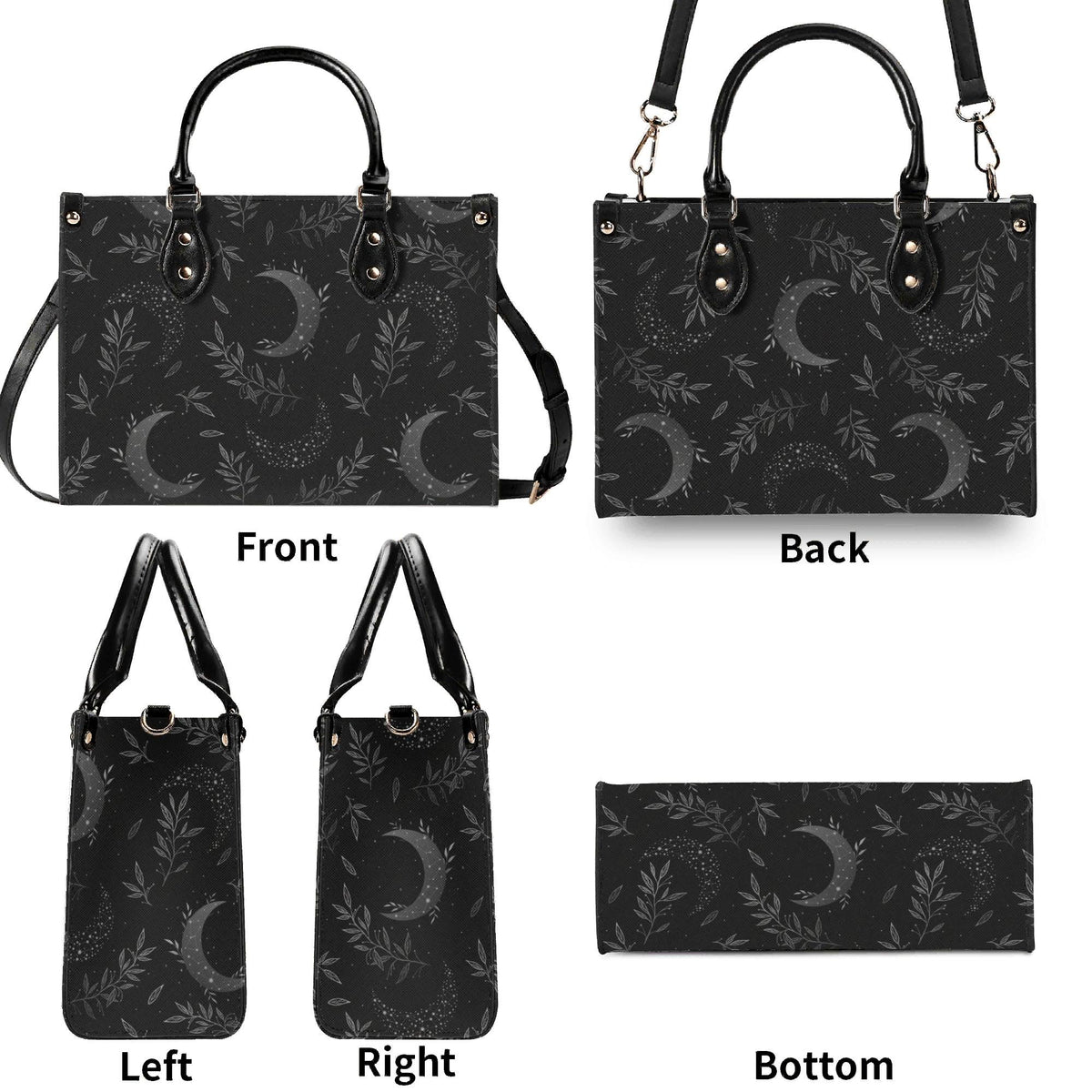 Crescent Moon Botanical Handbag, Black Leaf Print Crossbody Purse