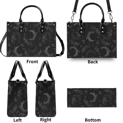 Crescent Moon Botanical Handbag, Black Leaf Print Crossbody Purse