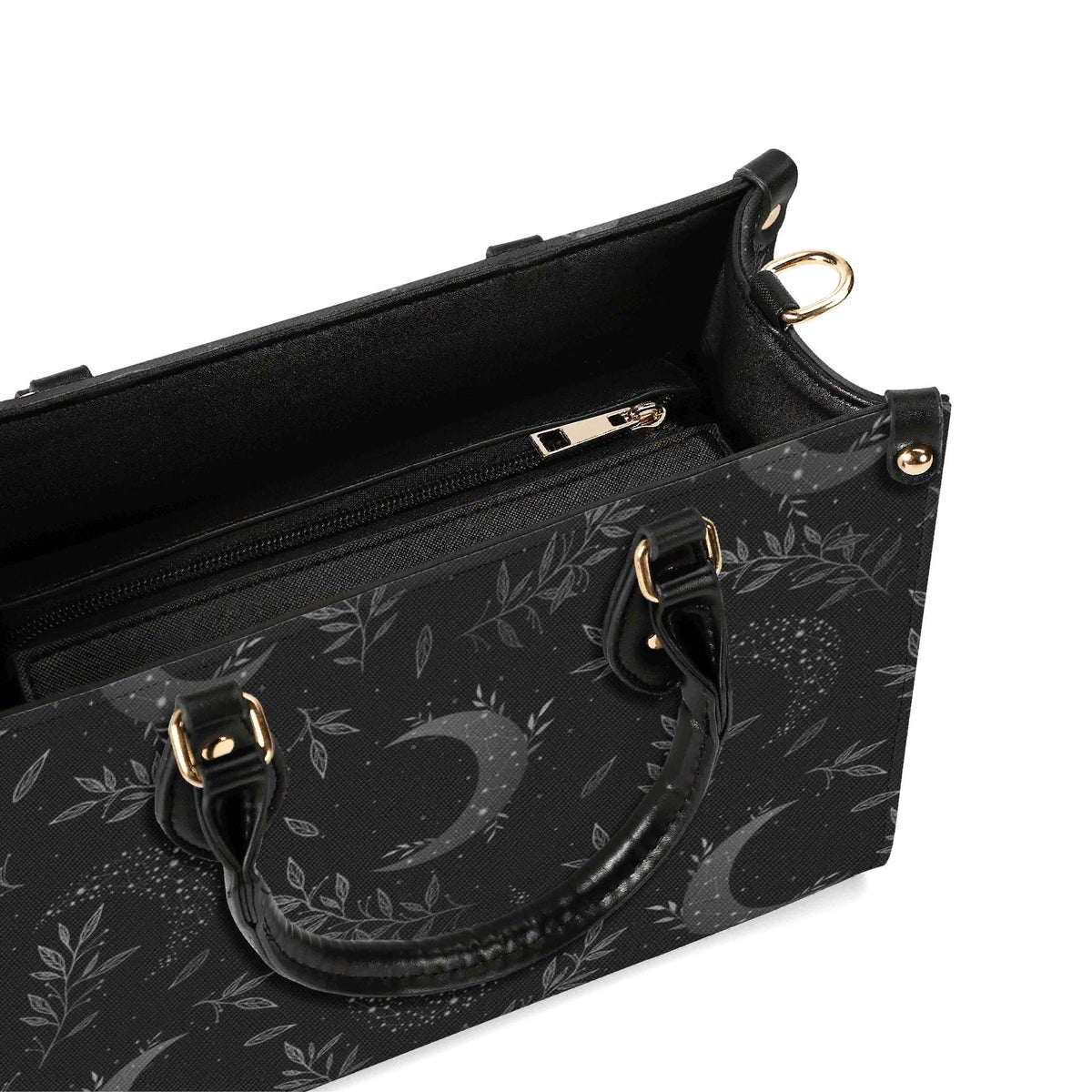 Crescent Moon Botanical Handbag, Black Leaf Print Crossbody Purse