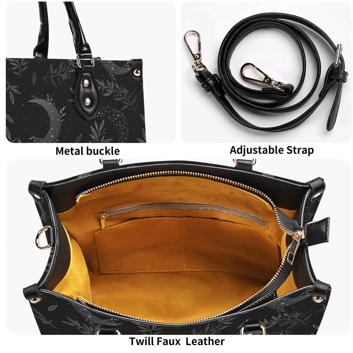 Crescent Moon Botanical Handbag, Black Leaf Print Crossbody Purse