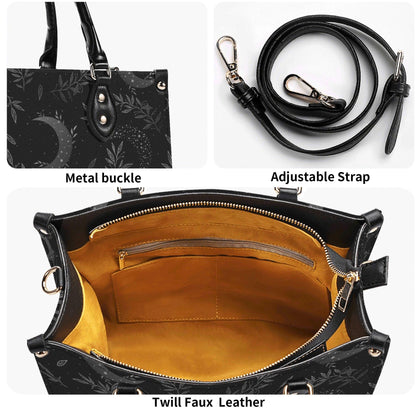 Crescent Moon Botanical Handbag, Black Leaf Print Crossbody Purse