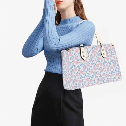 Romantic Ditsy Floral Handbag with Pink and Blue Blossoms and Crossbody Strap