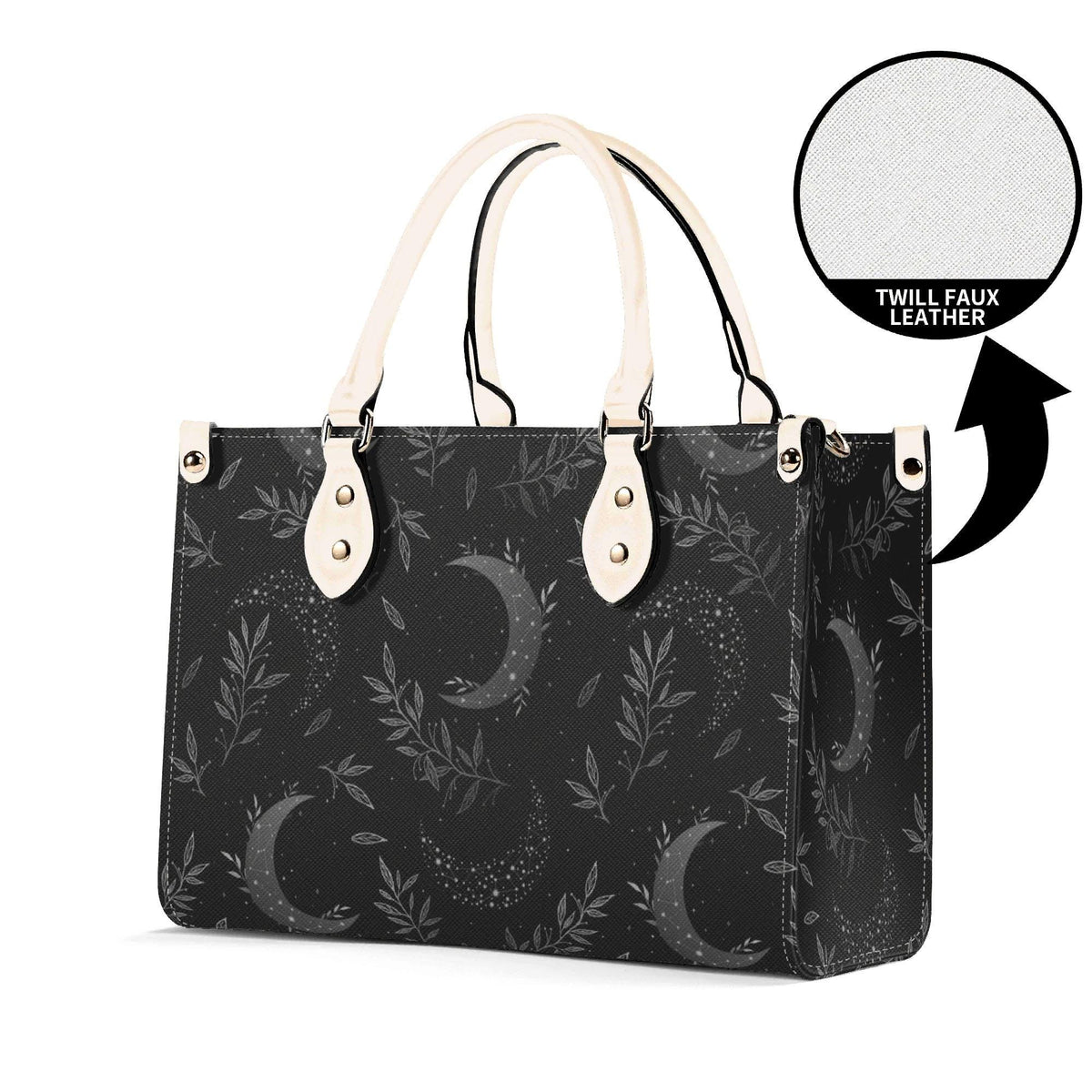 Crescent Moon Botanical Handbag, Black Leaf Print Crossbody Purse