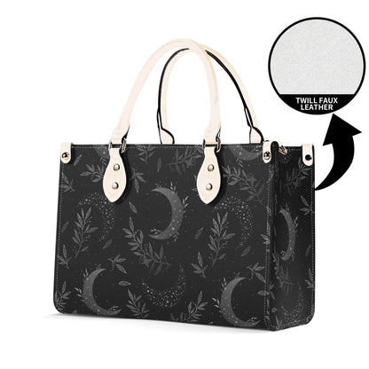 Crescent Moon Botanical Handbag, Black Leaf Print Crossbody Purse