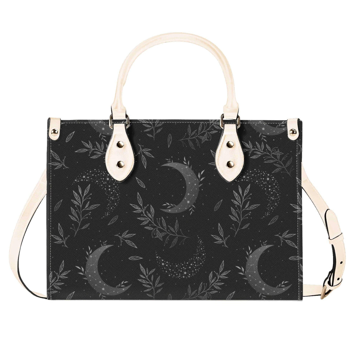 Crescent Moon Botanical Handbag, Black Leaf Print Crossbody Purse