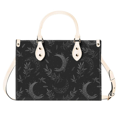 Crescent Moon Botanical Handbag, Black Leaf Print Crossbody Purse