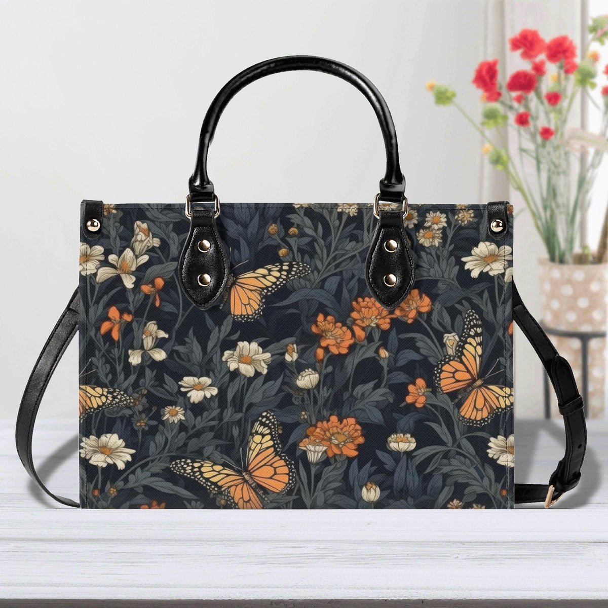 Romantic Butterfly Garden Top Handle Crossbody Bag, Botanical Floral Purse
