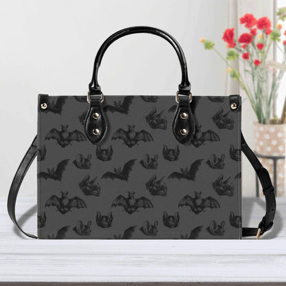 Bat Print Handbag, Gray Gothic Top Handle Crossbody Purse