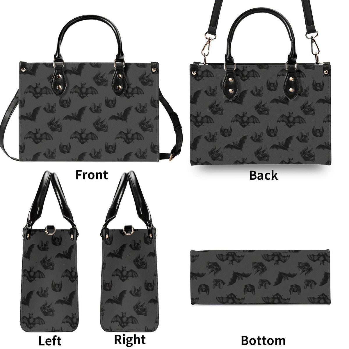 Bat Print Handbag, Gray Gothic Top Handle Crossbody Purse