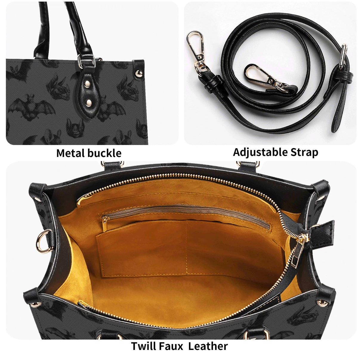 Bat Print Handbag, Gray Gothic Top Handle Crossbody Purse