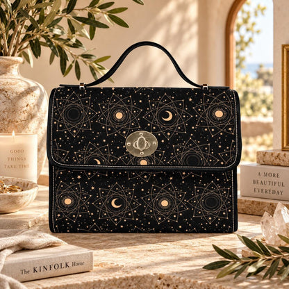 Front view of a black satchel bag with a gold celestial pattern of suns, moons, and stars on a stone surface.