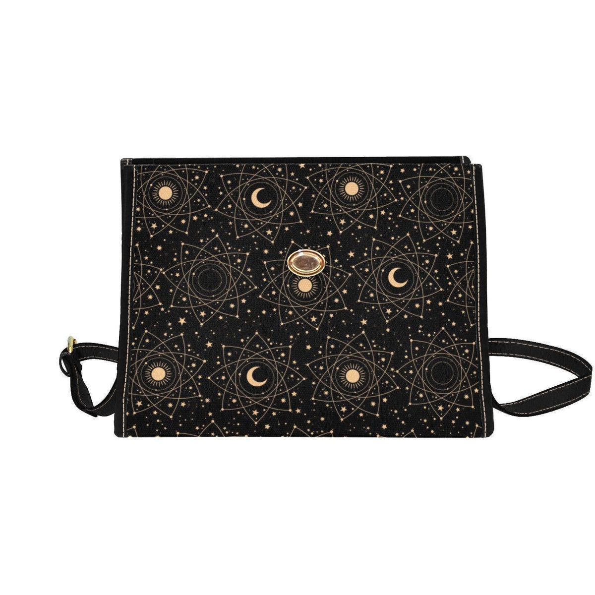 Flat lay view of the front flap of the black sun and moon bag on a solid white background.