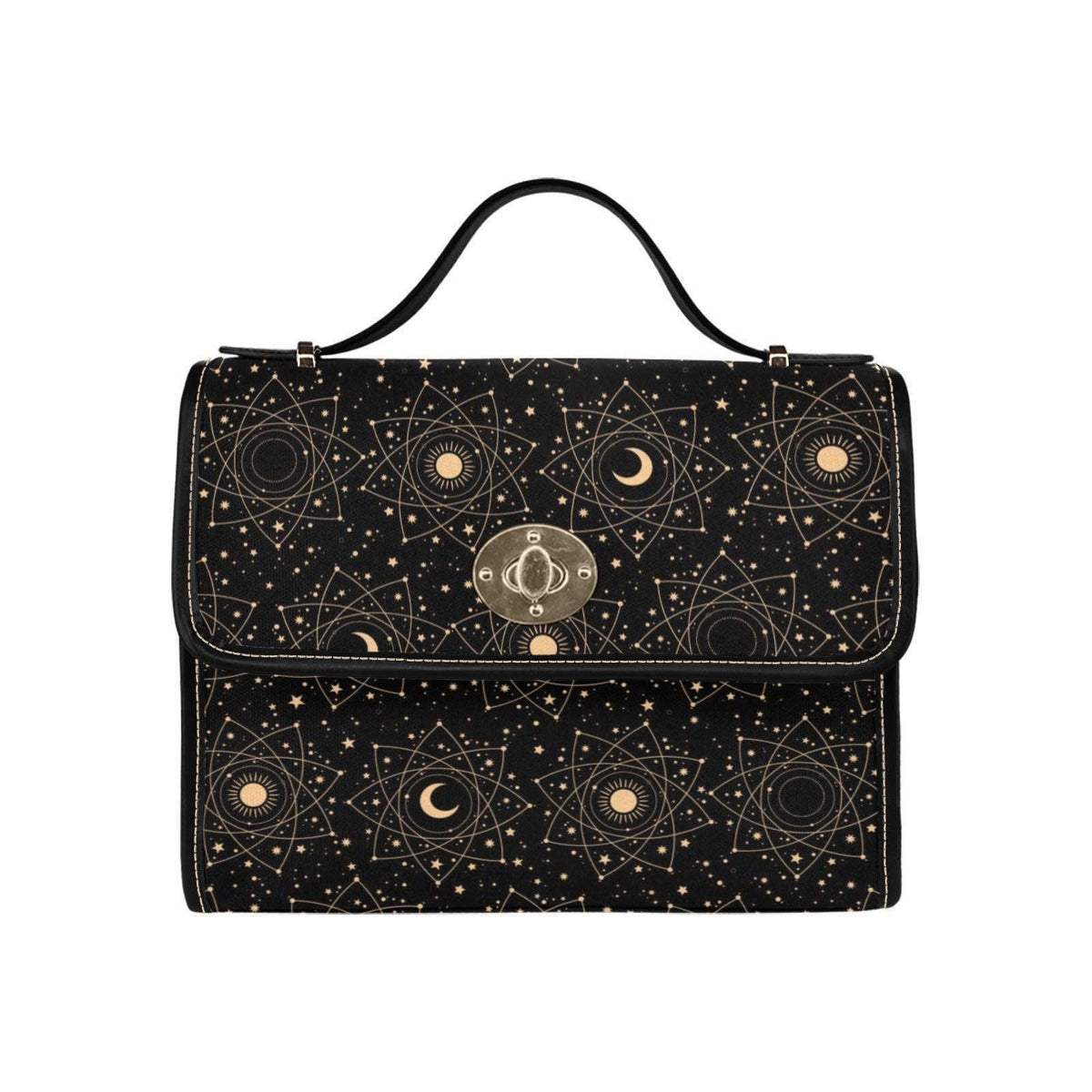 A black satchel featuring a gold celestial pattern of suns, moons, and stars with a black top handle and a central gold turn-lock closure.