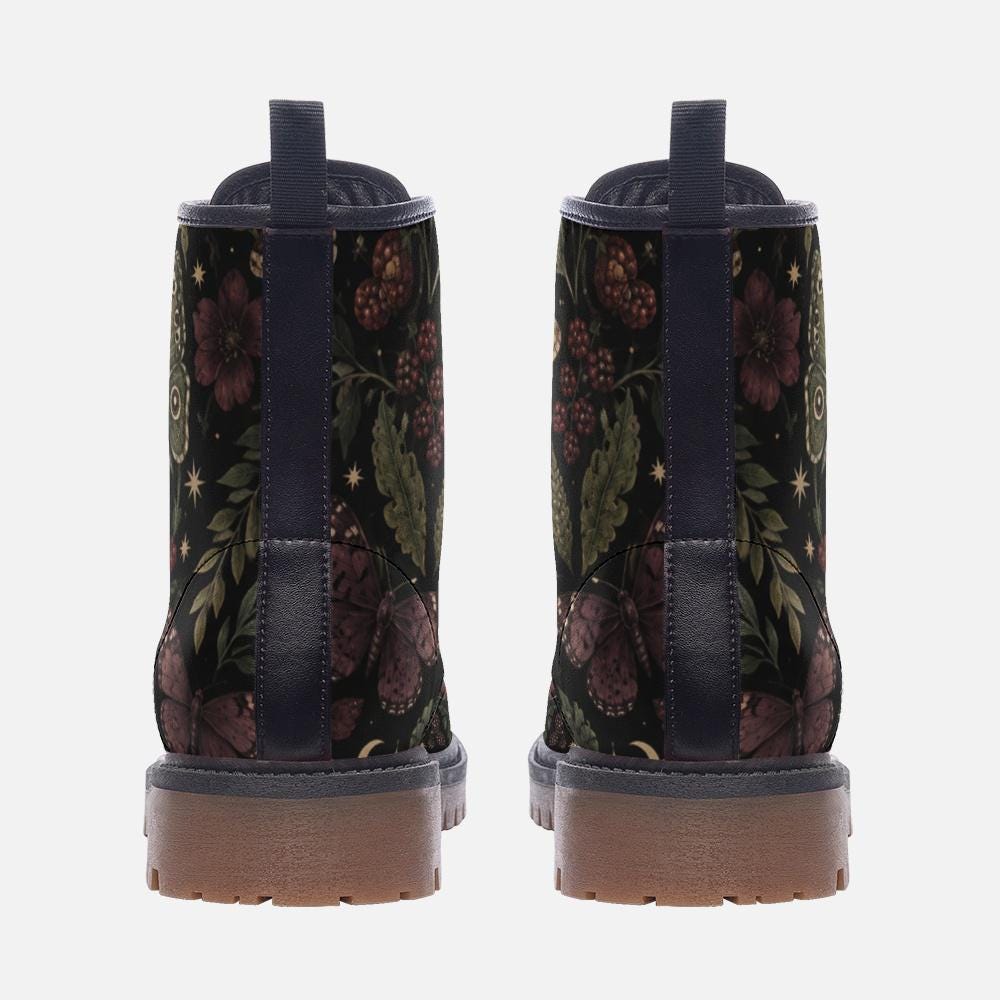 Moth and Rose Combat Boots, Dark Botanical Lace Up Ankle Boots
