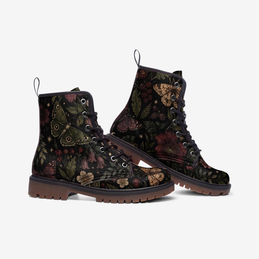 Moth and Rose Combat Boots, Dark Botanical Lace Up Ankle Boots