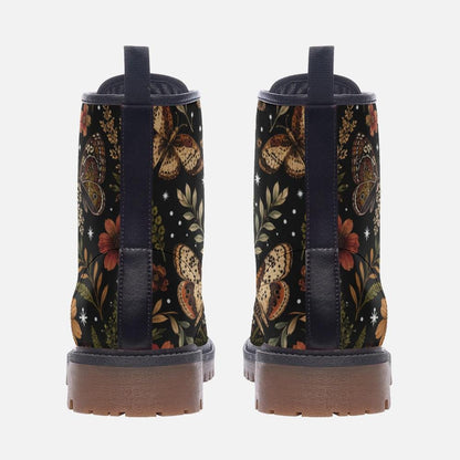 Whimsigoth Moth Floral Lace Up Boots, Dark Botanical Chunky Sole Ankle Shoes