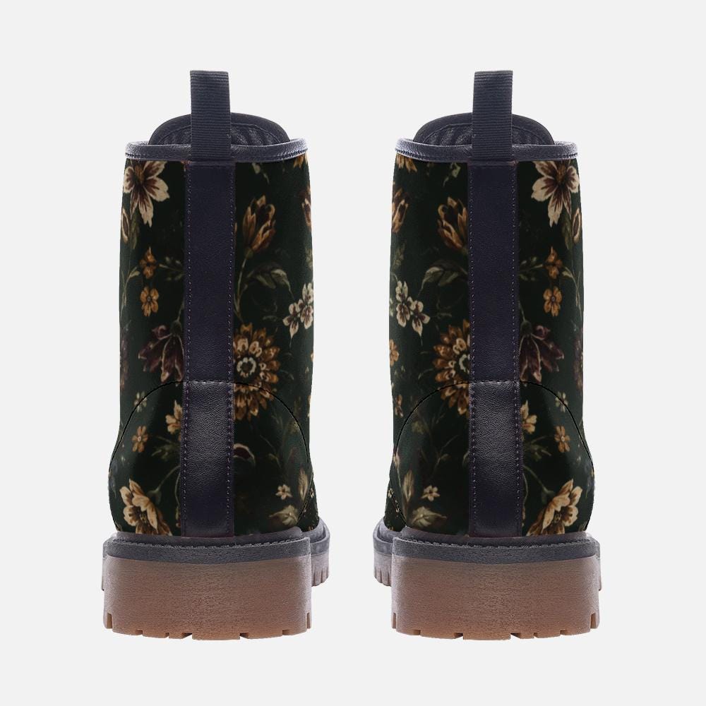 Dark Botanical Floral Lace Up Boots, Moody Garden Chunky Sole Ankle Shoes