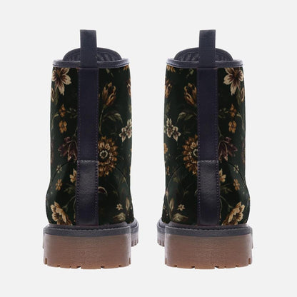 Dark Botanical Floral Lace Up Boots, Moody Garden Chunky Sole Ankle Shoes