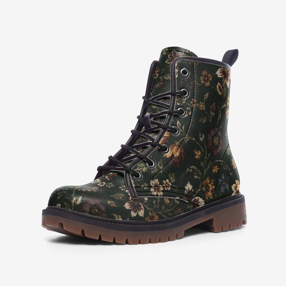 Dark Botanical Floral Lace Up Boots, Moody Garden Chunky Sole Ankle Shoes