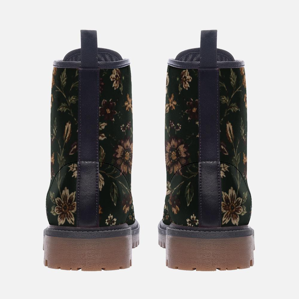 Dark Wildflower Combat Boots, Rust Floral Lace Up Ankle Boots