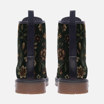 Dark Wildflower Combat Boots, Rust Floral Lace Up Ankle Boots