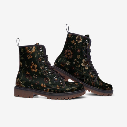 Dark Wildflower Combat Boots, Rust Floral Lace Up Ankle Boots