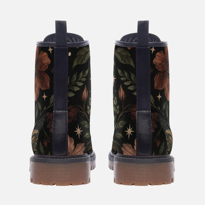 Floral Ankle Boots With Lace Up Front, Rust Blooms and Leafy Vines