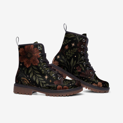 Floral Ankle Boots With Lace Up Front, Rust Blooms and Leafy Vines