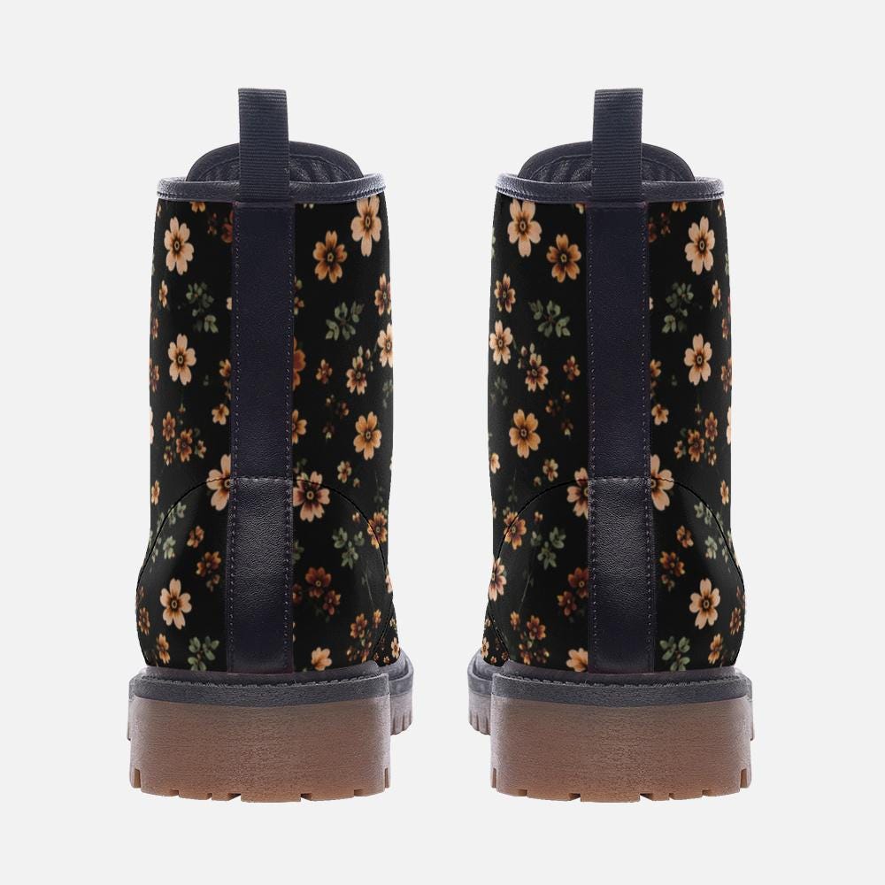 Retro Daisy Lace Up Boots, Orange Floral Chunky Sole Ankle Shoes
