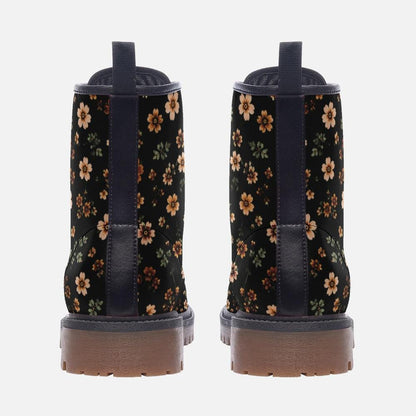 Retro Daisy Lace Up Boots, Orange Floral Chunky Sole Ankle Shoes