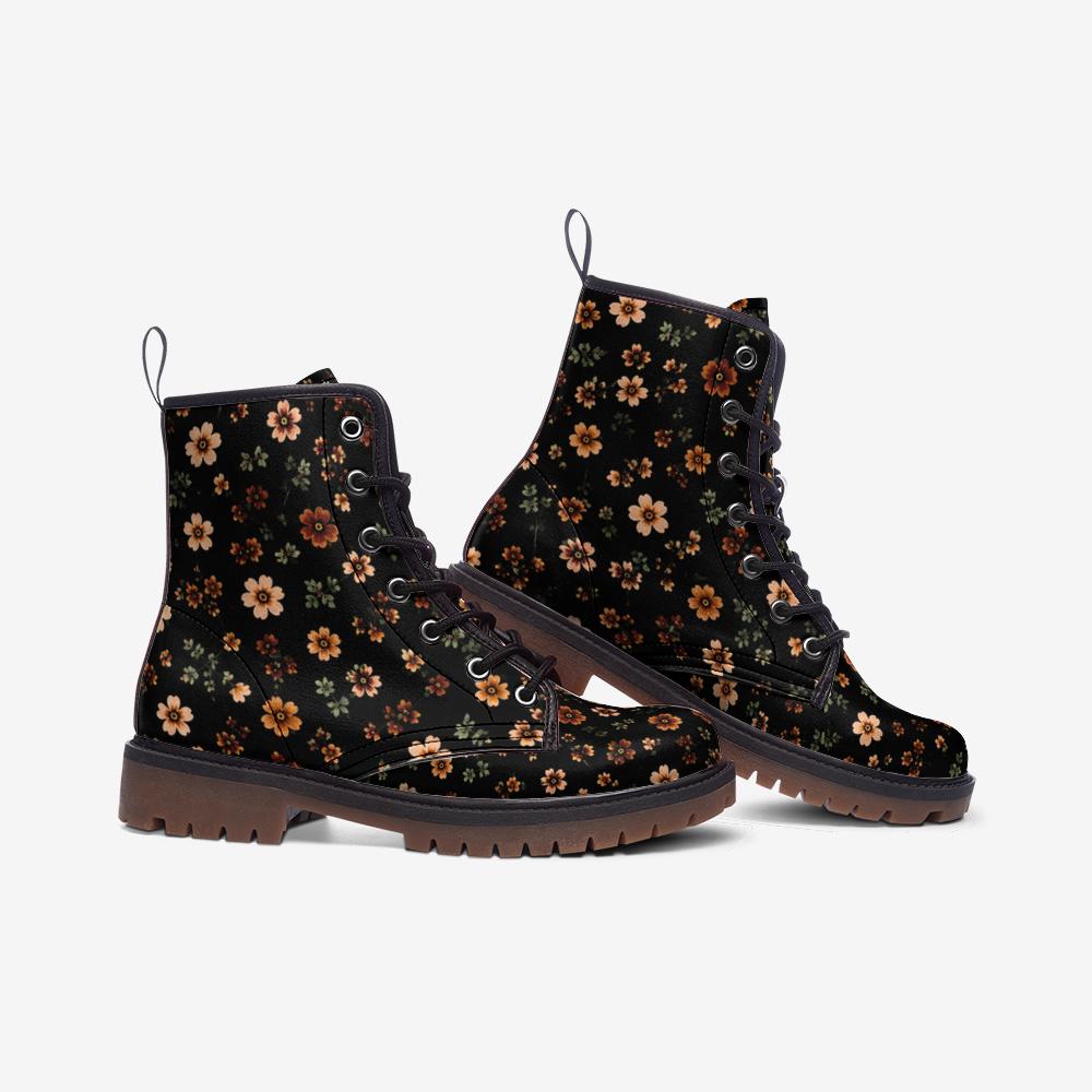 Retro Daisy Lace Up Boots, Orange Floral Chunky Sole Ankle Shoes