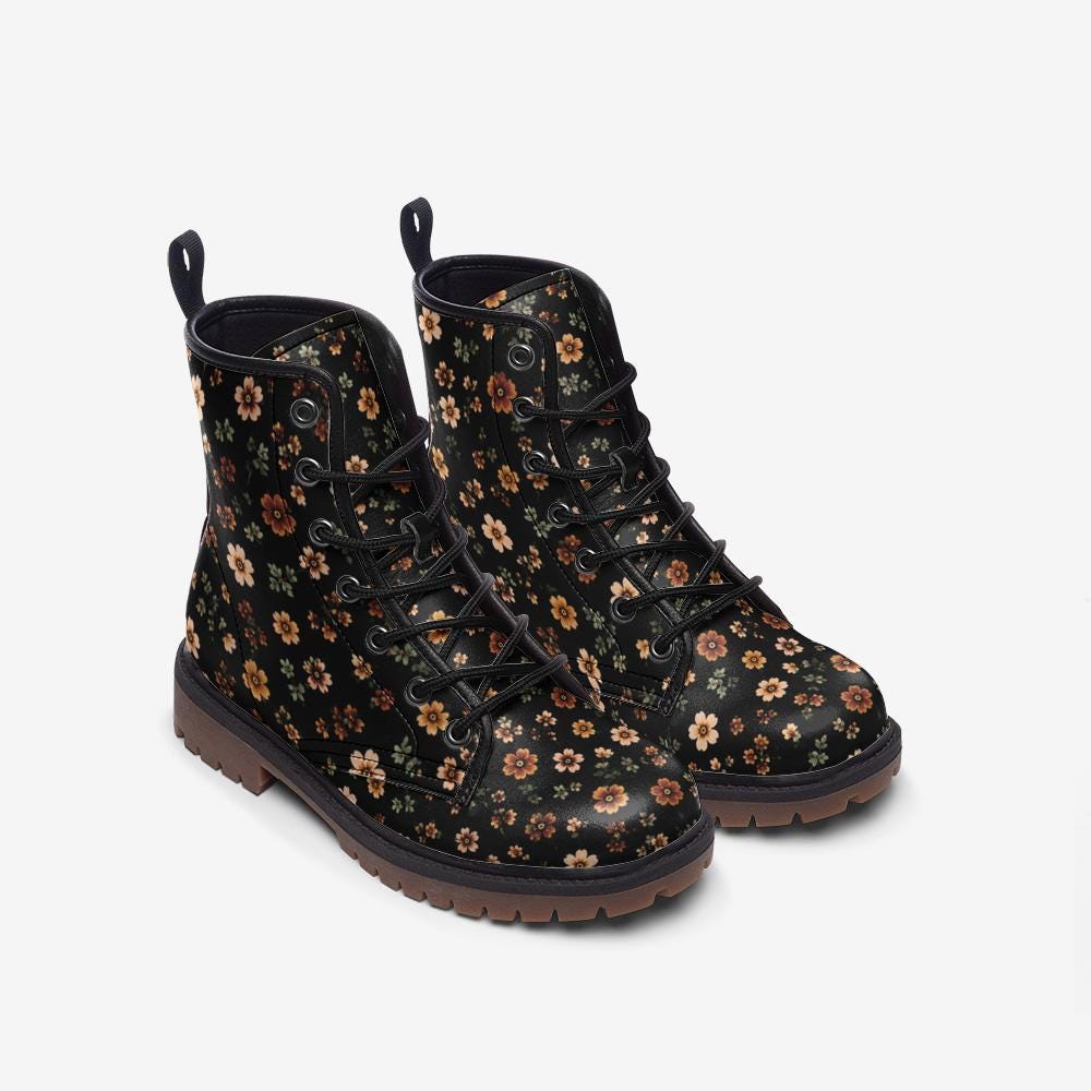 Retro Daisy Lace Up Boots, Orange Floral Chunky Sole Ankle Shoes