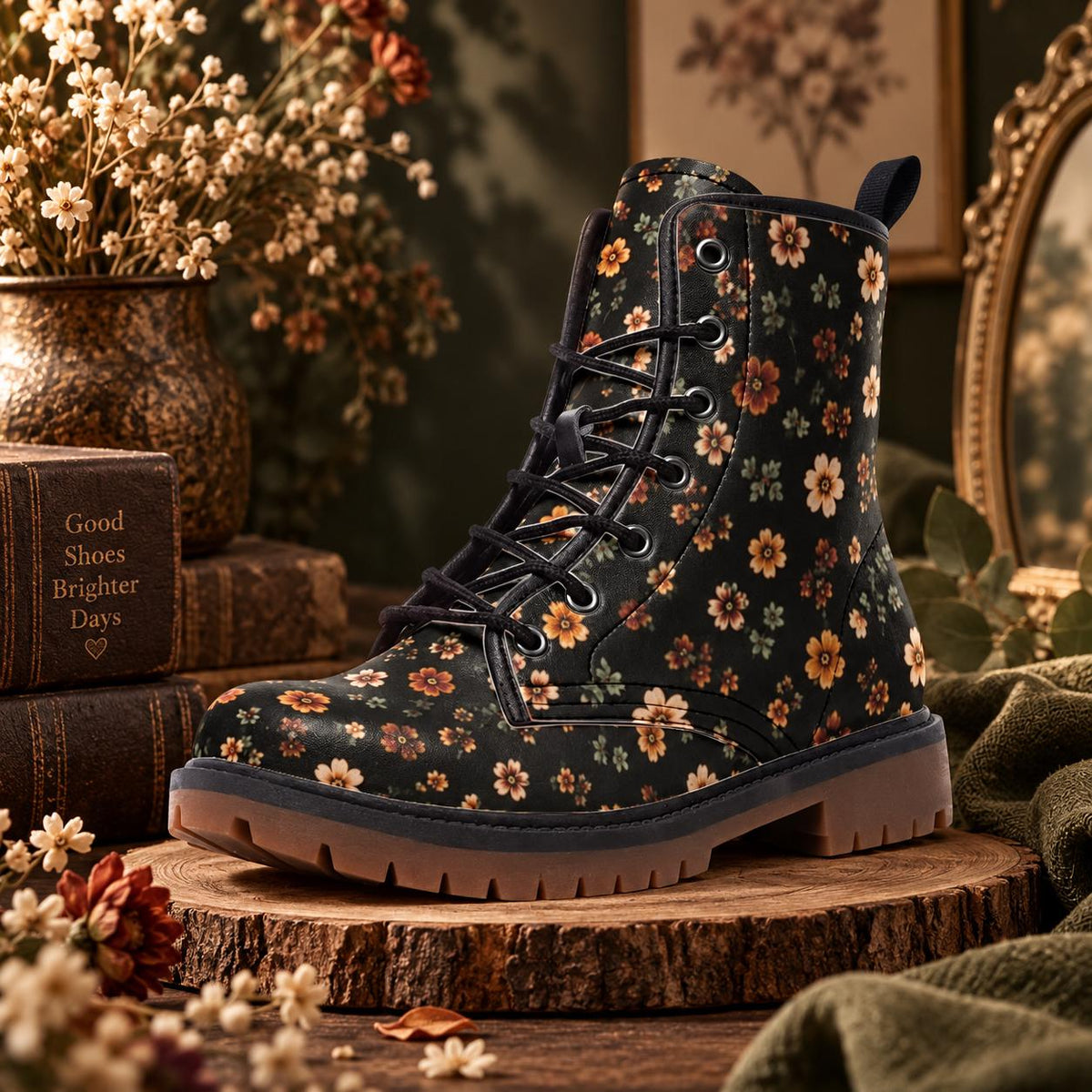 Retro Daisy Lace Up Boots, Orange Floral Chunky Sole Ankle Shoes