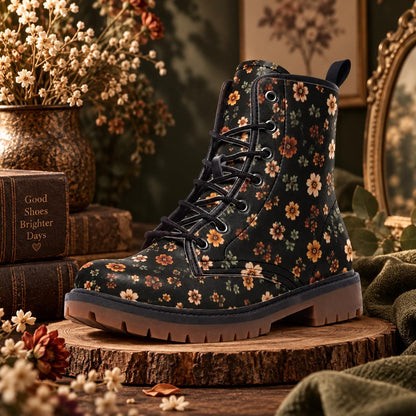 Retro Daisy Lace Up Boots, Orange Floral Chunky Sole Ankle Shoes
