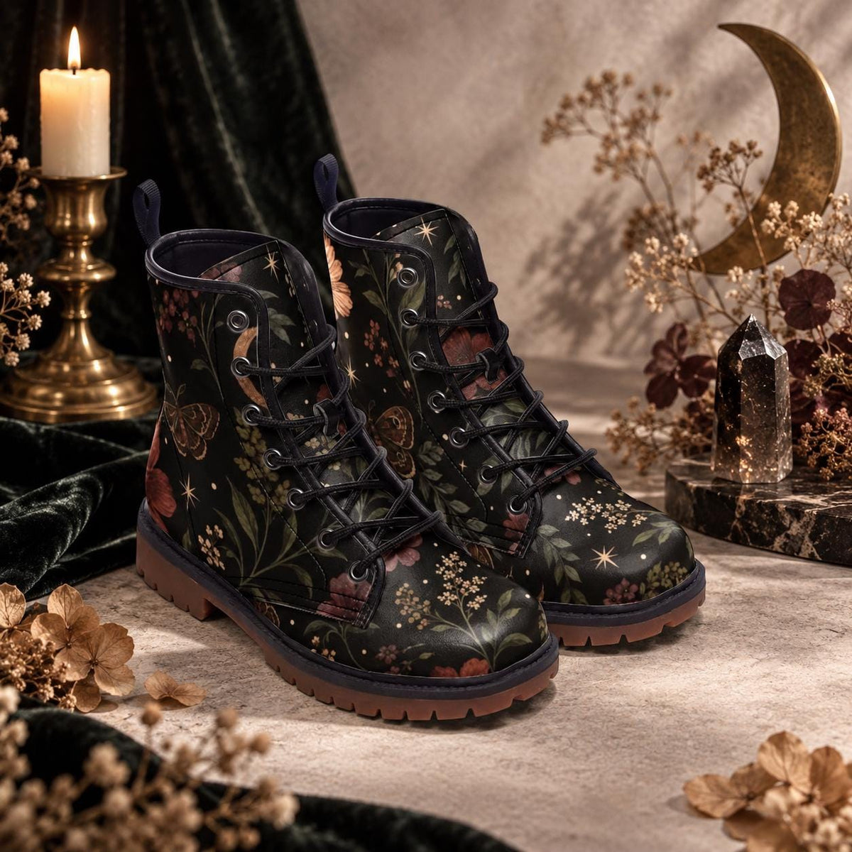 Celestial Moth Botanical Lace Up Boots, Starry Dark Garden Ankle Shoes