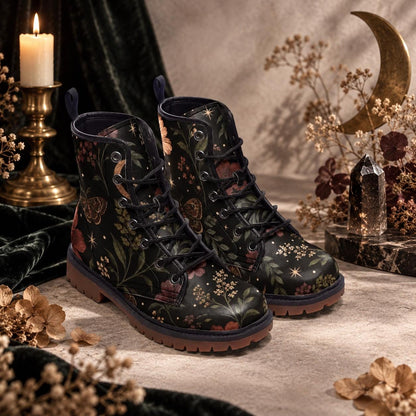 Celestial Moth Botanical Lace Up Boots, Starry Dark Garden Ankle Shoes