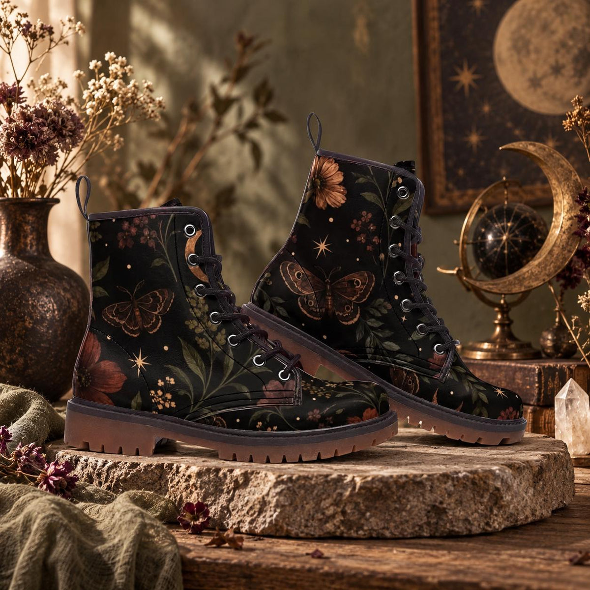 Celestial Moth Botanical Lace Up Boots, Starry Dark Garden Ankle Shoes